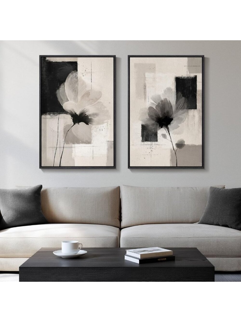 Set of 2 Framed Neutral Abstract Floral Wall Art for Living Room Decor, 20x30